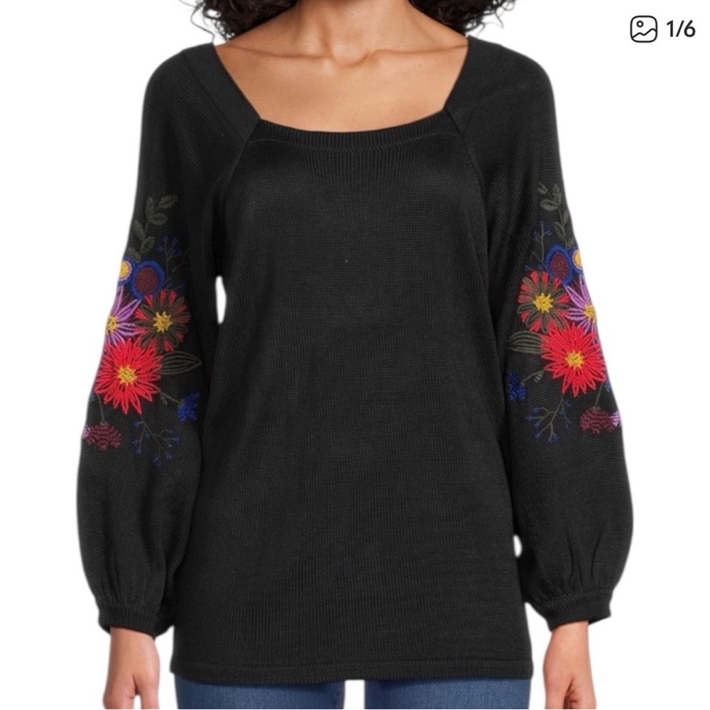 Pioneer Woman Black Knit Sweater with Floral Embroidery